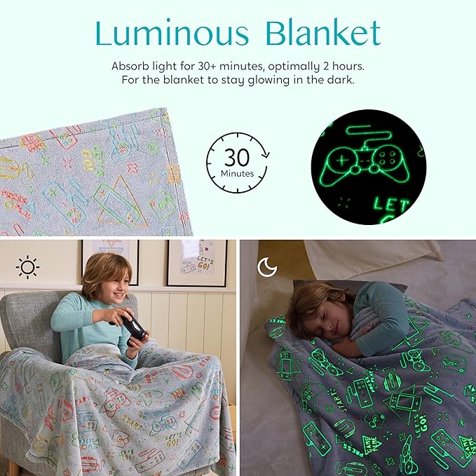 Joiedomi Glow in The Dark Gaming Blanket Gamer Gifts for Boys Age 2 3 4 5 6 7 8 9 10 11 12 Year Old, Soft Cozy Flannel Kids Throw Blanket, Birthday Bedroom Decor Grey 50"×60"
