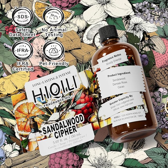 HIQILI Sandalwood Cipher Fragrance Oil for Diffuser, Candle & Soap, Perfume & Body Oil Making- Have Gourmand Notes, Long-Lasting - 5.07 Fl Oz