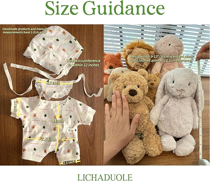 9-12"/30cm Plush Doll Pajama Set: 3-Piece (Onesie + Bib + Bonnet) for Teddy Bear Clothes for Medium Bartholomew Bear（NO Doll）
