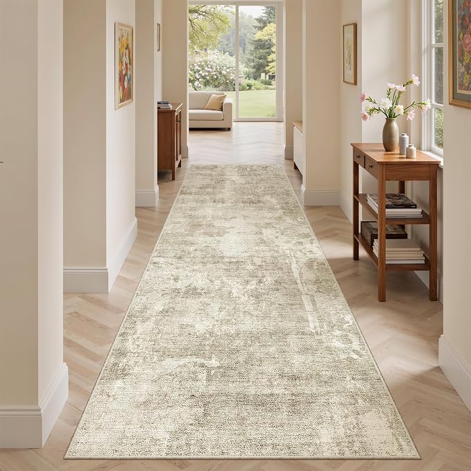 Soalmost Runner Rug 2'6"x8' Kitchen Hallway Runners Abstract Beige/Gray | Washable Non-Slip 2.5x8ft Carpet Entryway Bathroom, Low Pile Vintage Foldable Floor Mat for Corridor Laundry Room Bedroom