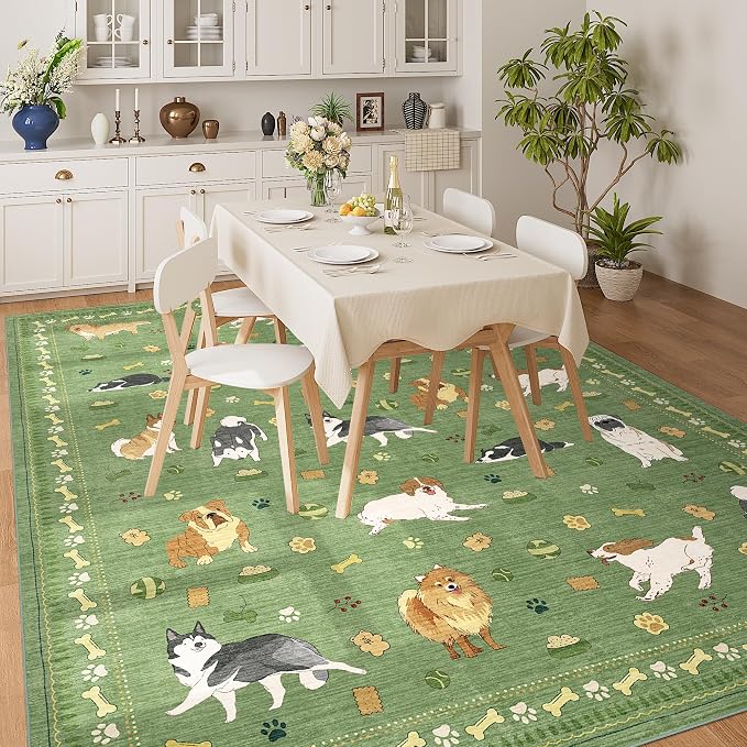 DUKINO 6x9 Washable Dog Area Rug for Living Room Non Slip, Green | Non-Shedding, Stain Resistant, Soft Animal Carpet for Bedroom Kids Playroom Nursery Dining Room Farmhouse, Pet & Kid Friendly