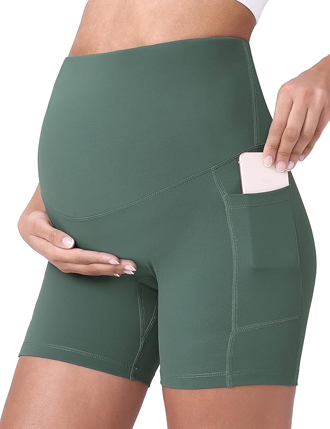 POSHDIVAH Women's Maternity Yoga Shorts Over The Belly Bump Summer Workout Running Active Short Pants with Pockets 5"/8"