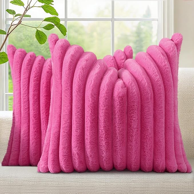 decorUhome Fall Faux Fur Throw Pillow Covers 16x16 Set of 2 Hot Pink | Decorative Soft Cozy Striped Plush Modern Farmhouse Boho Couch Pillow Cases Velvet Back for Sofa Bed Living Room Home Decor