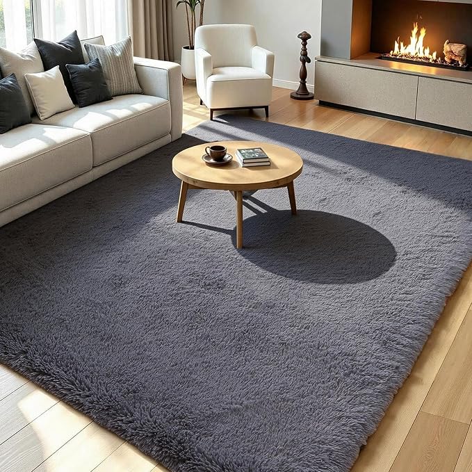 KICHOWUA Grey Fluffy 9x12 Area Rug Bedroom Living Room Soft Washable Shag | Gray Plush Fuzzy Rug Kids Room Nursery Dorm Decor Baby Toddler, Soft Washable Shag Carpet