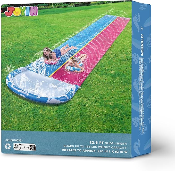 JOYIN 22.5FT Water Slide and 2 Inflatable Boards, Extra Long Heavy Duty Double Lawn Waterslide with Sprinkler for Kids Adults Backyard Summer Water Toy Outdoor Fun, Blue, Pink