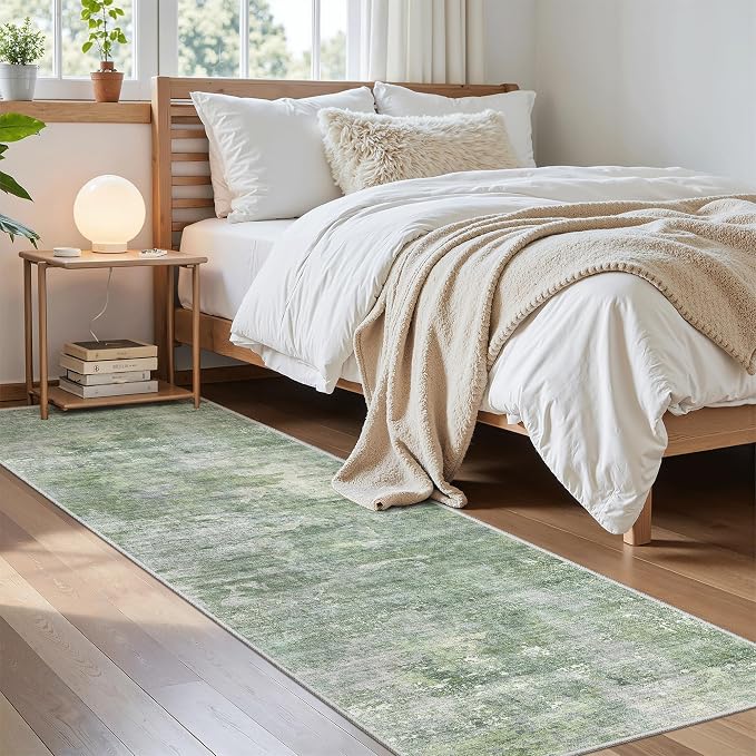 Soalmost Abstract Runner Rug 2x8 Hallway Kitchen Runners Green/Ivory | Vintage Washable Rugs for Bathroom Laundry Room, Low Pile Stain Resistant Floor Carpet Mat Entryway Corridor Bedroom