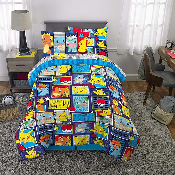 Pokémon Pikachu Twin Size Bedding, Kids Bedding Super Soft Cozy Reversible Comforter and Sheet Set with Sham, 5 Piece Twin Size, (Officially Licensed Product) by Franco