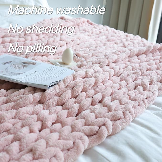 Maetoow Chenille Chunky Knit Blanket,Handmade Cozy for Home Decor,40×50,Light Pink
