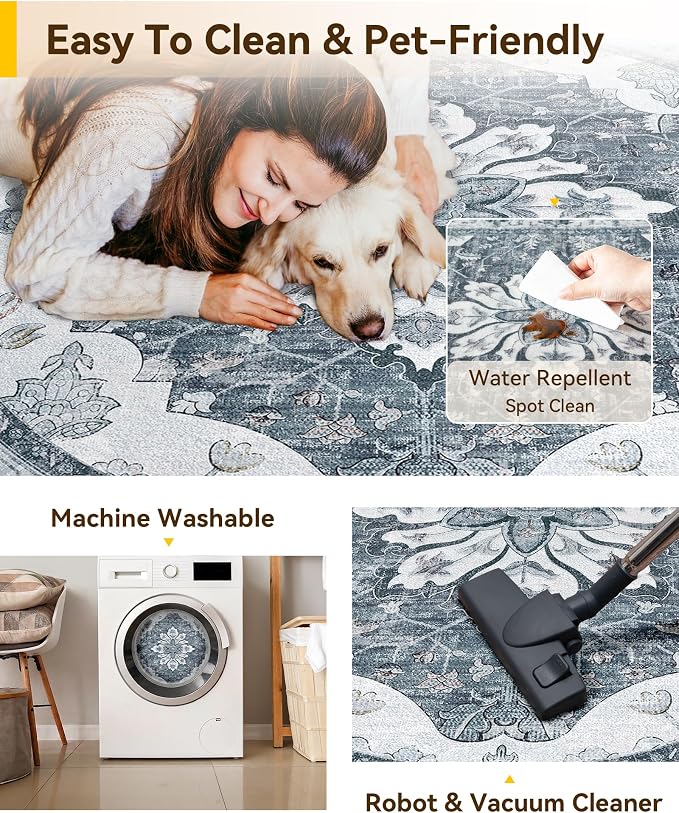 RELEANY Area Rugs Round 4ft Washable Non-Slip, Floral Vintage Distress Medallion Carpet for Living Room Bedroom Dining Room, Light Gray Grey White