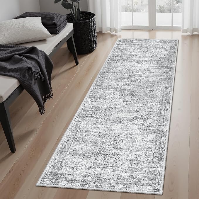 Soalmost Runner Rug 2x5 Washable Non-Slip Kitchen Entry Runners Grey | Soft Low-Pile Rugs for Bathroom Laundry Room, Vintage Foldable Floor Carpet Mat Hallway Entryway for Corridor Bedroom
