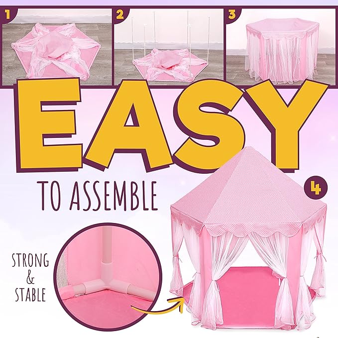 ORIAN Princess Castle Play Tent for Girls, LED Star Lights, Indoor & Outdoor Playhouse, Polyester, Pink, 55" x 53", Toddler & Kids Toys Ages 2–7