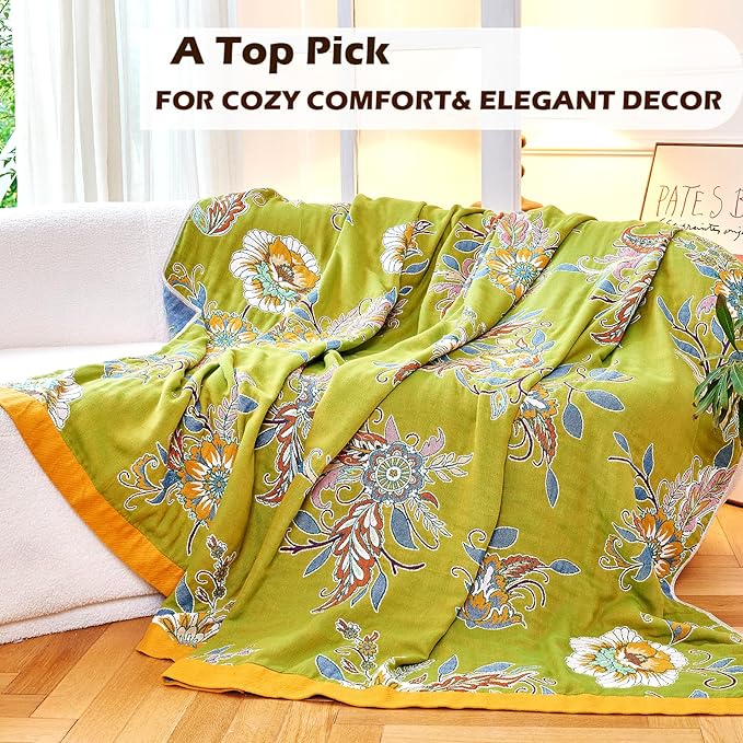 VANJOROY Boho Throw Blanket 60" x 80", 100% Organic Cotton Breathable Ultra Soft Bed Quilt Throw - All Season Luxury Floral Farmhouse Decor Blanket for Sofa Couch Chair and Gift. Green/Blue