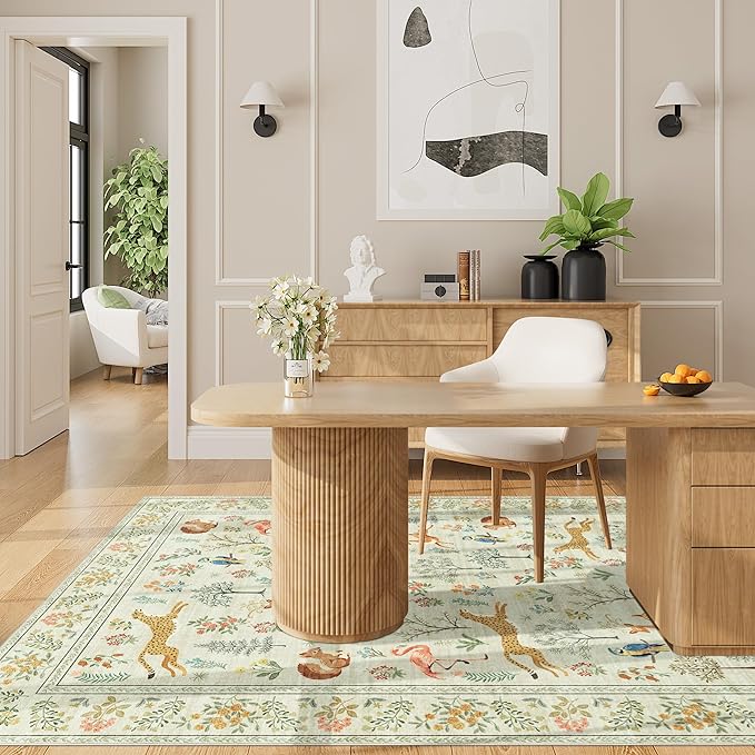 DUKINO 3x5 Rug, Washable Animal Area Rug for Bedroom Non Slip, Beige | Low Pile, Stain Resistant, Soft Indoor Carpet for Living Room, Kitchen, Dining Room, Nursery, Lightweight, Pet Friendly