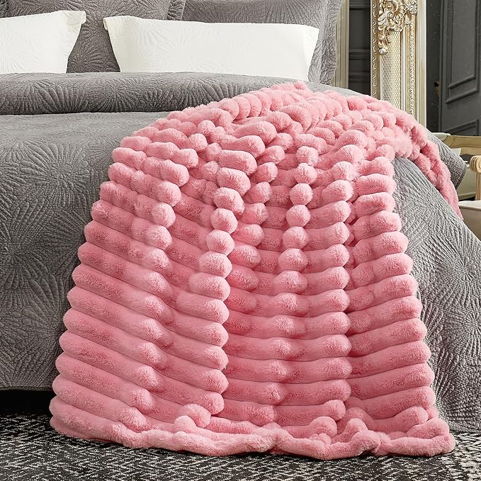 Cozy Bliss Faux Fur Throw Blanket for Couch, Cozy Warm Plush Striped Blanket for Sofa Bedroom Living Room, 60 * 80 Inches Hot Pink