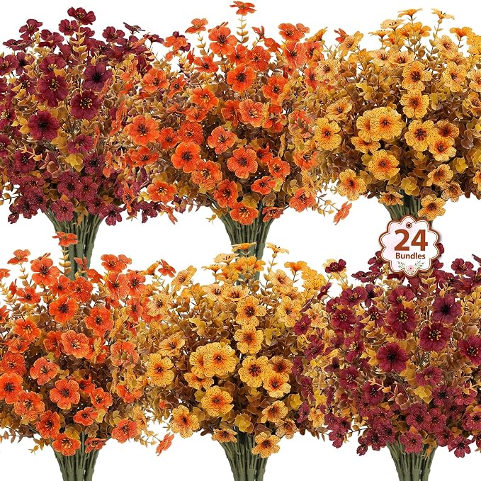 Ouddy Decor 24 Pcs Artificial Fall Flowers, Fake Mums Outdoors, Deep Orange | Lifelike faux mums, silk flower, UV resistant, no-maintenance, for autumn Thanksgiving garden porch yard indoor outdoor decor