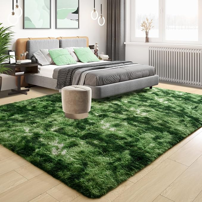 Tepook Fluffy Dark Green Rugs for Living Room Bedroom, 5x8 Soft Area Rug Tie-Dyed Forest Moss Green Kids Girls Boys Rug, Indoor Plush Shaggy Non-Slip Carpet for Nursery Classroom Dorm Home Decor
