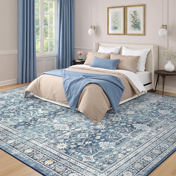 10x14 Area Rugs for Living Room, Washable Non-Slip Blue Large Carpet | Soft Area Rug for Dining Room Home Office Indoor Nursery, Stain Resistant, Low Pile, Vintage Boho Distressed Rug