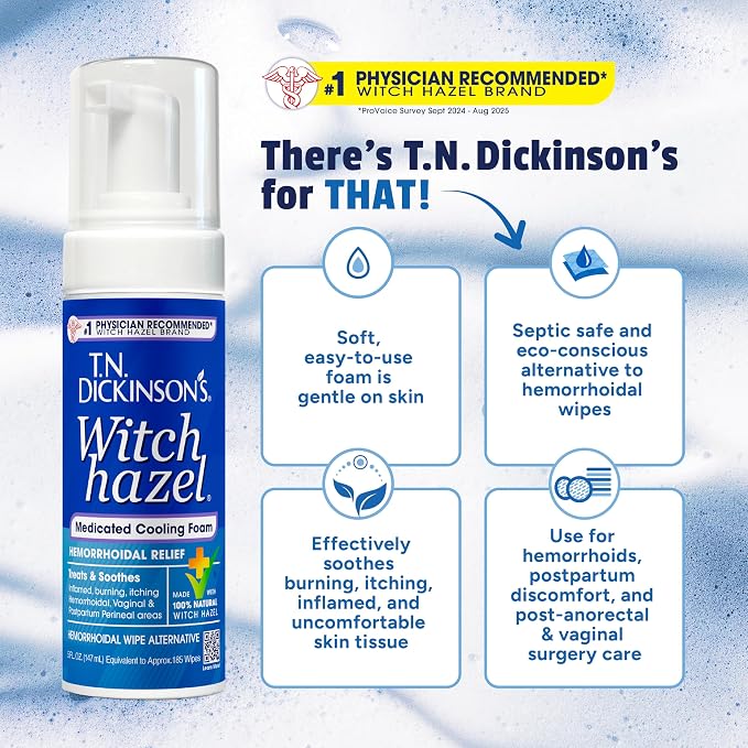 T.N. Dickinson's Medicated Cooling Foam with Witch Hazel | Hemorrhoid Treatment & Postpartum Relief | Feminine & Rectal Care | Aloe-Infused | 5 Fl Oz