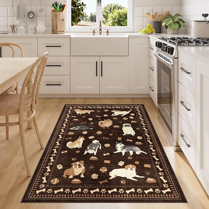 DUKINO 3x5 Rug, Washable Dog Bedroom Area Rug Soft Non Slip, Brown | Low Pile, Non-Shedding, Stain Resistant Animal Carpet for Bathroom Dorm Office Dining Living Room Kitchen, Kid & Pet Friendly