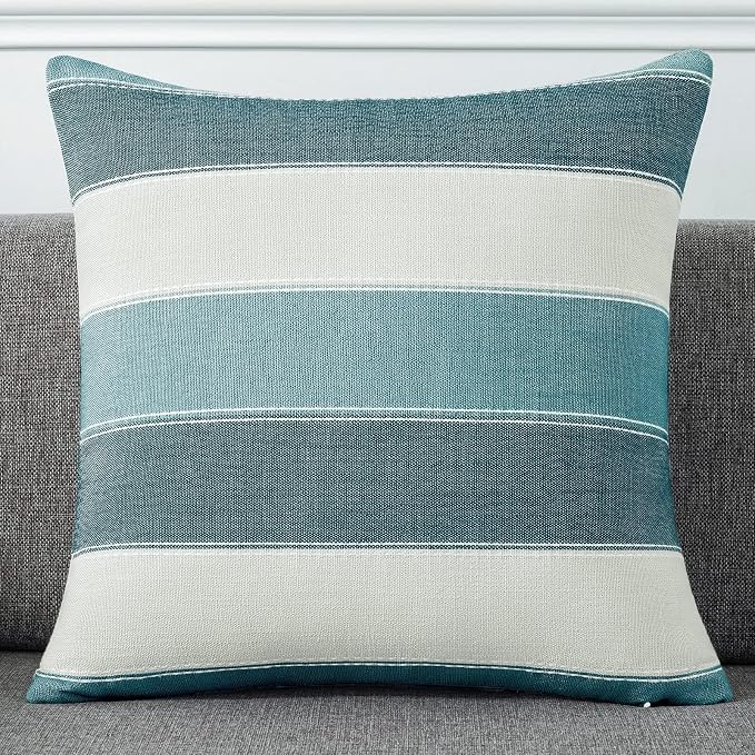 Pack of 2 Farmhouse Stripe Check Throw Pillow Covers Set Case Cotton Linen Decorative Pillowcases Cushion Cover for Couch Bench Sofa 22x22Inch Teal Blue