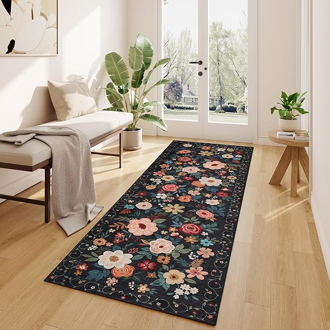 DUKINO 2x6 Runner Rug for Hallway, Washable Runner Rug Non Slip, Black | Low Pile, Soft, Floral Indoor Rug for Kitchen, Entryway, Bedroom, Laundry, Bathroom, Pet Friendly, Lightweight, Home Decor