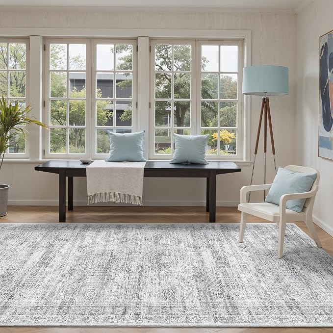 Soalmost Washable Hallway Runner Rug 4x10 Kitchen Entry Rugs Non-Slip, Grey | Vintage Wide Runners for Living Dining Room Entryway, Stain Resistant Low-Pile Long Floor Carpet 10ft for Corridor Bedroom
