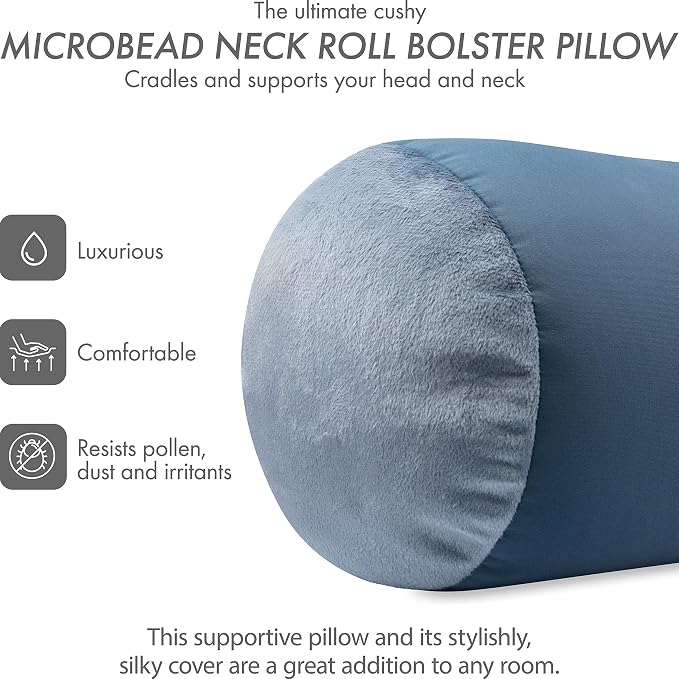 Microbead Bolster Neck Roll Pillow, Gently Body, Head, Neck & Shoulders No Pain Rest, Relax Sleep - Silky Feel Prevent Wrinkles & Hair Breakage - Lightweight Cylinder Tube, 14" x 8", Dark Slate Grey