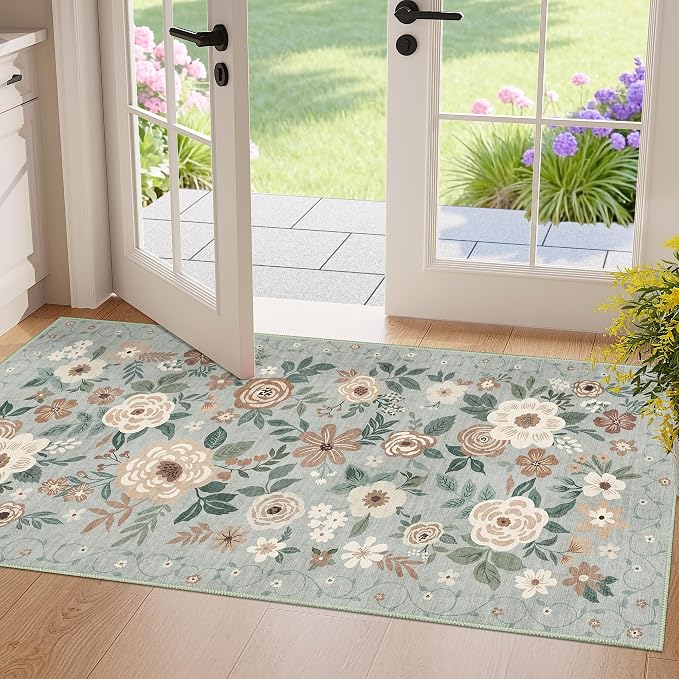 DUKINO 2x4 Entryway Rug, Floral Washable Kitchen Rugs Non Slip, Sage Green | Low Pile, Soft Indoor Runner Rug for Hallway, Bedroom, Bathroom, Laundry, Pet Friendly, Modern Home Decor, Stain Resistant