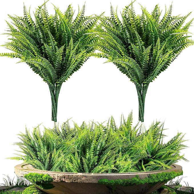 MAQIHAN 10PCS Fake Fern for Outdoor - Artificial Boston Fern Stems Decor | Realistic Fake Greenery for Large Planters, Vase, Porch, Patio, Garden Decor, Faux Plants for Indoor, Outdoor Home Decoration