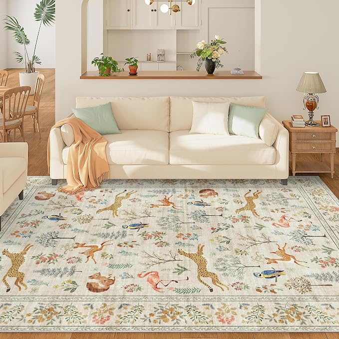 DUKINO 9x12 Area Rug for Living Room, Washable Animal Rug Non Slip, Beige | Low Pile, Non-Shedding, Soft Indoor Large Carpet for Bedroom, Dining Room, Kids PlayRoom,Nursery, Farmhourse, Pet Friendly