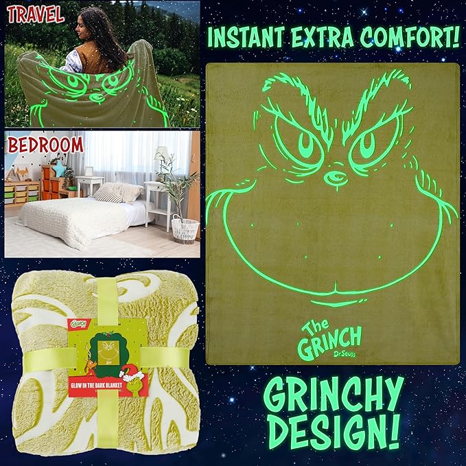 The Grinch Glow in The Dark Throw Blanket 51x59” for Kids Teens Adults, Soft Fleece Blanket for Sofa Bed, Cozy Warm Gifts for Kids (Green Grinch)