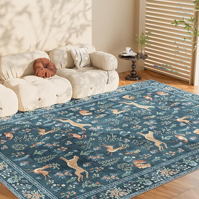 DUKINO 8x10 Area Rugs, Washable Soft Animal Bedroom Rug Non Slip, Blue | Non Slip, Low Pile, Stain Resistant Indoor Large Carpet for Living Room, Dining Room, Kids PlayRoom, Farmhouse, Pet Friendly