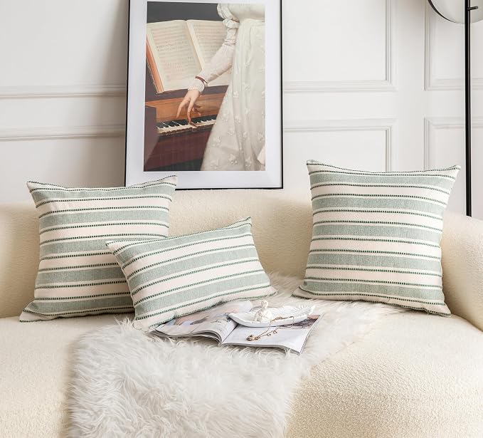 Cethom Decorative Boho Throw Pillow Covers, Farmhouse Textured Pillow Case, 22 x 22 Inch Set of 2, Chair Sofa Bedroom Living Room Home Decor Couch Cushion Case, Green and Beige Striped