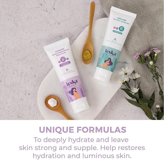 Leska Maternity Stages B & C Set | HYDRATE Belly Cream & RESTORE All-Over Toning Gel | Pregnant Moms Months 6-9 and Postpartum | Part of Complete 3-Part Maternity Skincare System (Set of 2, 4oz each)