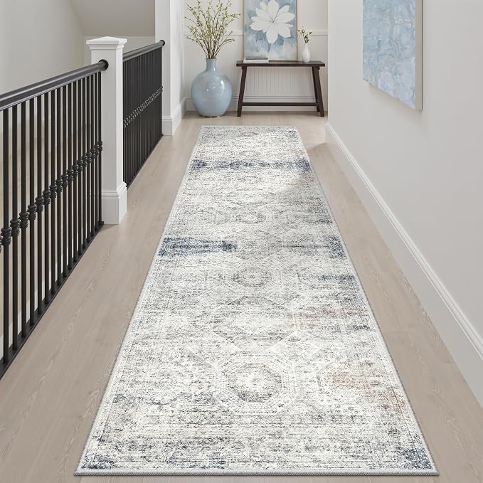 Soalmost Runner Rug 2x8 Washable Hallway Kitchen Runners Blue/Ivory | Non-Slip Vintage Rugs for Bathroom Laundry Room, Soft Low Pile Foldable Floor Carpet Mat for Entryway Corridor Bedroom