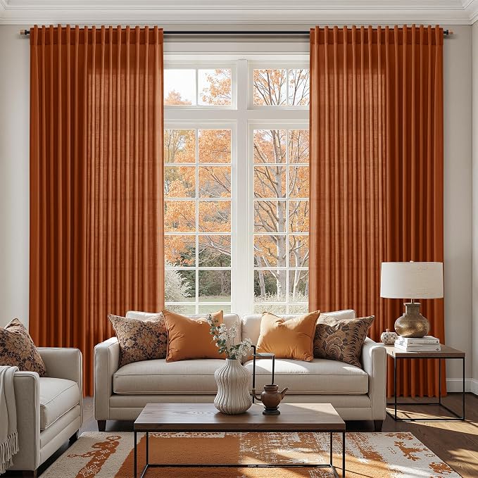 Nanspring Rust Linen Curtains 63 Inch Length for Living Room Light Filtering Semi Sheer Curtain Back Tab and Rod Pocket Vintage Rustic Luxury Home Decor Drapes for Bedroom Office 52x63, 2 Panels