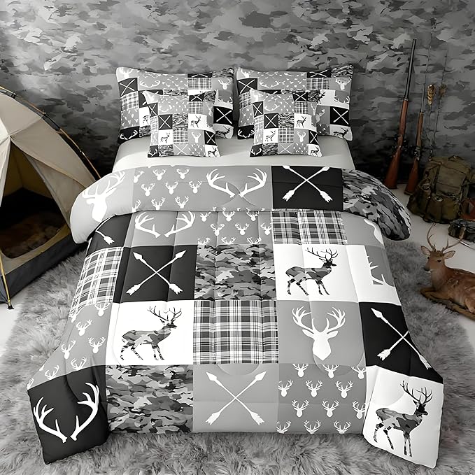 Feelyou Hunting Camo Deer Full Comforter Set with Sheets for Kids Boys Girls Camouflage Hunter 7 Pieces Bedding Set Rustic Western Wildlife Animal Bed in a Bag Room Decor Soft
