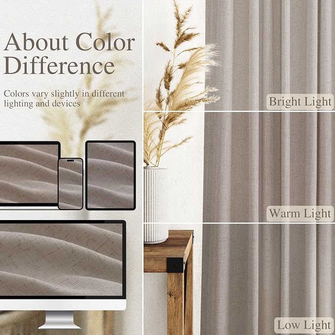 Nanspring Stone Beige Curtains 63 Inch Length for Living Room Linen Luxury Light Filtering Semi Sheer Curtain Back Tab Simple Modern Elegant Farmhouse Decor Drapes for Bedroom Office 52x63, 2 Panels