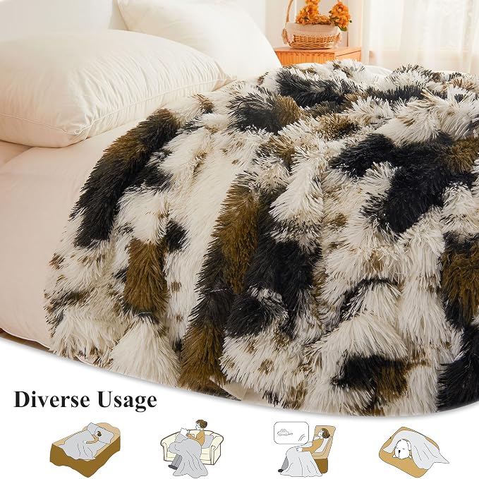 XeGe Luxury Faux Fur Throw, Soft 50x60 Cow Print Fluffy Blanket, Shaggy Plush Decorative Couch Throw, Cute Furry Animal Print Fuzzy Blanket for Sofa Bed, Cow Brown