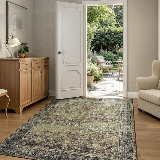 4x6 Area Rugs for Entryway, Brown Washable Non-Slip Area Rug for Kitchen | Low Pile Soft Small Rugs, Vintage-Style Carpet for Bathroom Bedroom Tool Room, Stain Resistant, Foldable Distressed Rug