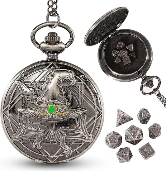 D&D Dice Set,7PCS Metal Dice for Dungeons and Dragons,Mini Dice Set with Pocket Watch Case,Role Playing Board Games Accessories (Wizard, Ancient Silver)