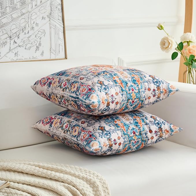 Boho Throw Pillow Covers 20x20 inch Set of 2,Boho Vintage Carpet Pattern Antique Ethnic Decor Double Sided Pattern Cushion Cover Soft Pillow Case Living Sofa Room Bed Square Pillow Cover