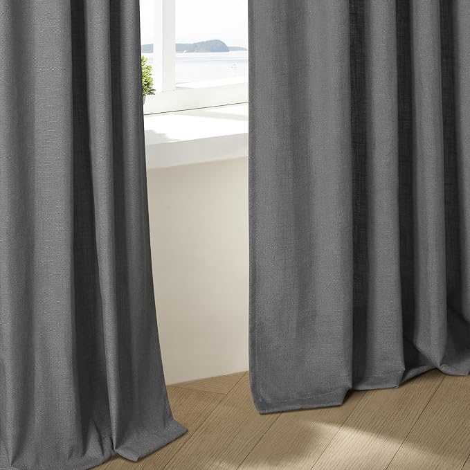 Charcoal Gray Linen Pinch Pleat Semi Sheer 108 Inch Curtains 2 Panels Set | Ceiling Floor Window Curtains for Living Room Bedroom, Flax Double Pleated with Back Tab, Farmhouse Neutral, Memory Shape