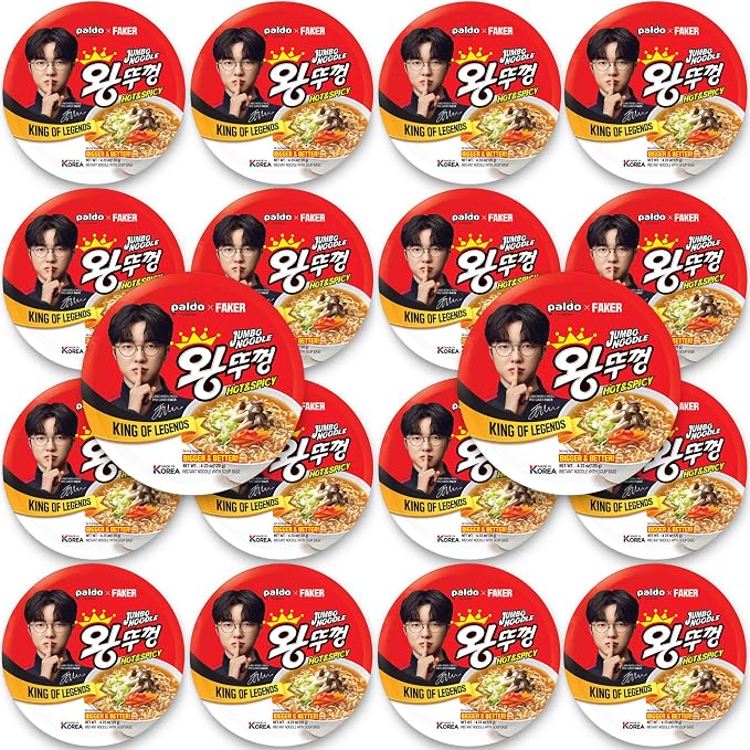 Paldo Fun & Yum x Faker Wang Ddukgeun Cup Noodles, Korean Imported, Hot & Spicy Flavor, Jumbo Size Ready-to-Eat Instant Noodles, 4.23oz 120g (Pack of 18) Esports Collaboration Pack
