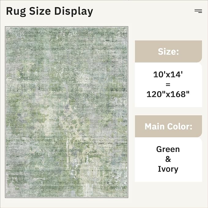 Soalmost 10x14 Area Rugs for Living Room Washable Rug Abstract Green/Ivory | Non-Slip Large Modern Carpet for Dining Bedroom, Soft Low Pile Lightweight Foldable Floor Mat Nursery Home Office Decor