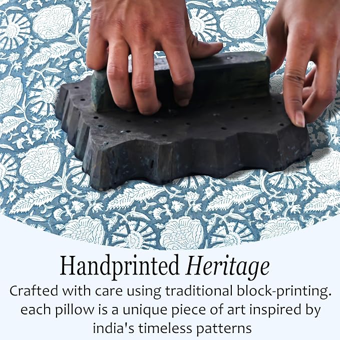 CPC Blue Meadow Hand Block Print 100% Cotton Ruffle Throw Pillow Cover 24x24 inch with Hidden Zipper Decorative for Couch, Bed, Sofa, Farmhouse, Cottagecore Decor Gift Christmas Fall Thanksgiving