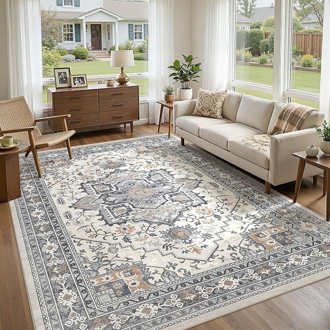 UERMEI 8x10 Area Rug Living Room Rugs - Washable Vintage Soft Large Rug Indoor Floor No Slip Rug Carpet for Bedroom Farmhouse Under Dining Table Home Office Decor - Grey-Orange