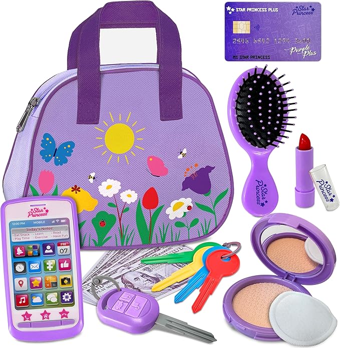Toddler Play Purse for Kids with Accessories, Toys for Girls with Pretend Makeup, Keys, Smartphone, Dress Up Toy Purse for Toddlers and Kids, Birthday Gift for Little Toddler Girls Age 3 4 5 6, Purple