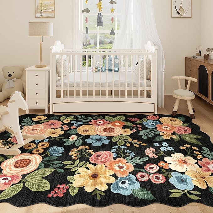 DUKINO 5x7 Area Rugs for Bedroom, Floral Washable Rug Non Slip, Black | Low Pile, Soft, Stain Resistant Throw Rugs for Living Room, Dining Room, Office, Nursery, Pet Friendly, Modern Home Decor