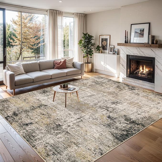 Area Rugs Living Room Rug - 4x6 Washable Modern Abstract Soft Neutral Non-Slip Carpet Large Indoor Floor Thin Carpets for Bedroom Dining Room Farmhouse Nursery Home Office Brown Black Grey
